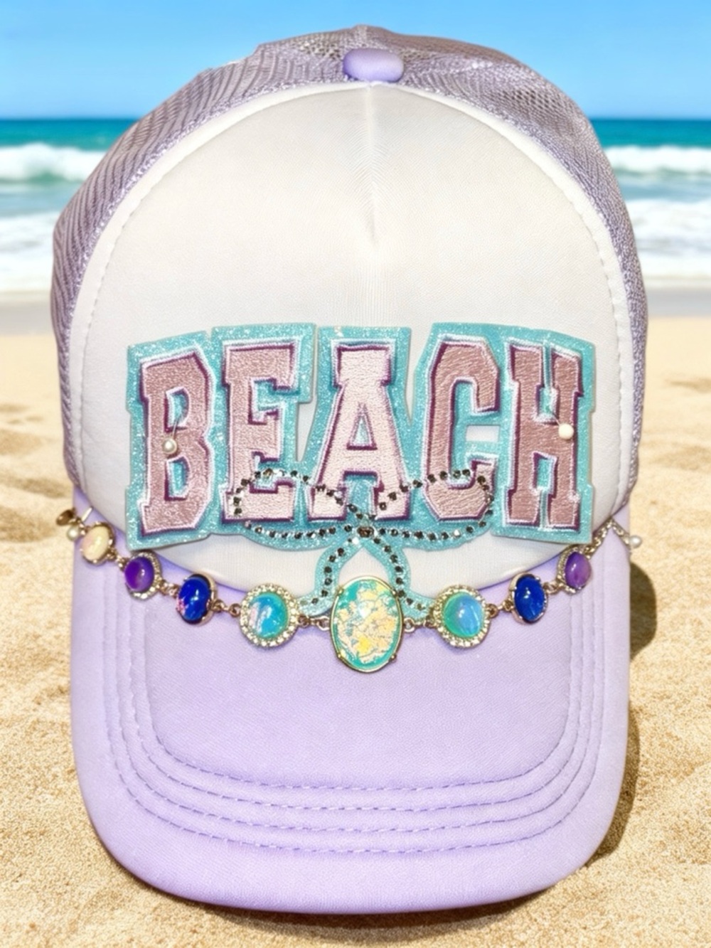 OTTO Lavender and White 'BEACH' Embroidered Trucker Hat